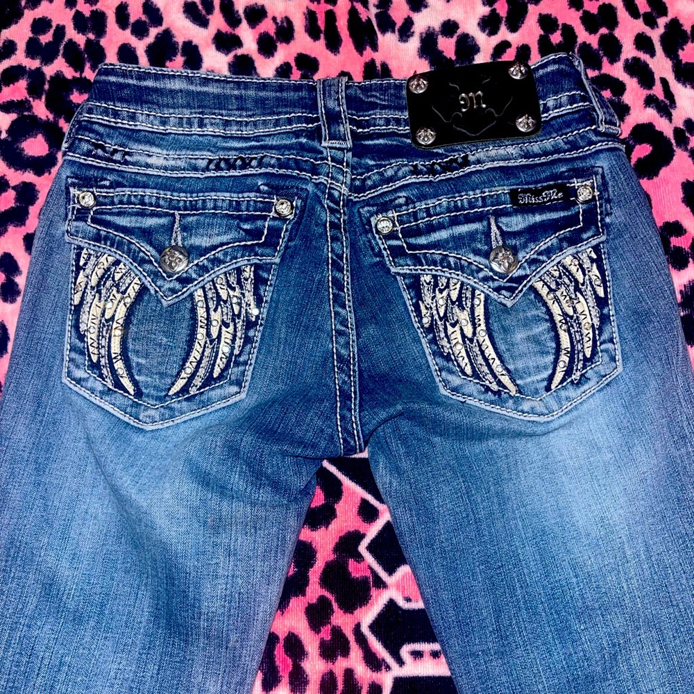 Miss me jeans size 25 signature boot cut med wash white leather winged pockets